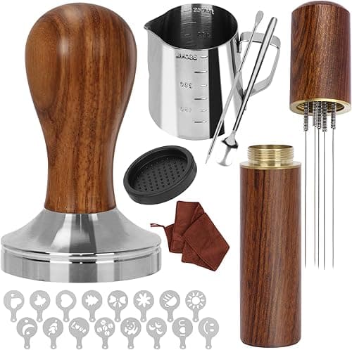 Y-Step Coffee Tamper 58 mm, Espresso Tamper Set 23 Pieces, Barista Set with Frothing Jug, Tamper Mat, Latte Art Pen, Coffee Stirrer, Sandalwood Tamper for Espresso Machine