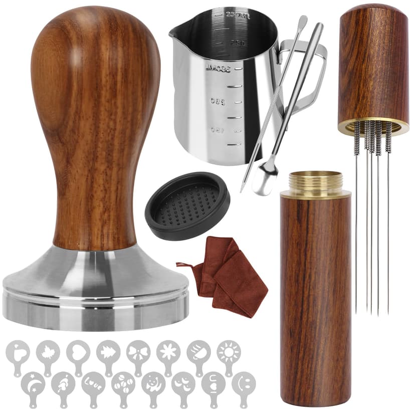 Y-Step Coffee Tamper 58 mm, Espresso Tamper Set 23 Pieces, Barista Set with Frothing Jug, Tamper Mat, Latte Art Pen, Coffee Stirrer, Sandalwood Tamper for Espresso Machine - 1