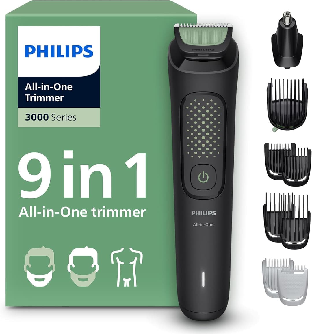 Rifinitore Philips Multigroom serie 3000 tutto in uno 9 in 1 - Rifinitore per barba, capelli e corpo, lame autoaffilanti delicate sulla pelle, 12 impostazioni di lunghezza, Modello MG3946/15