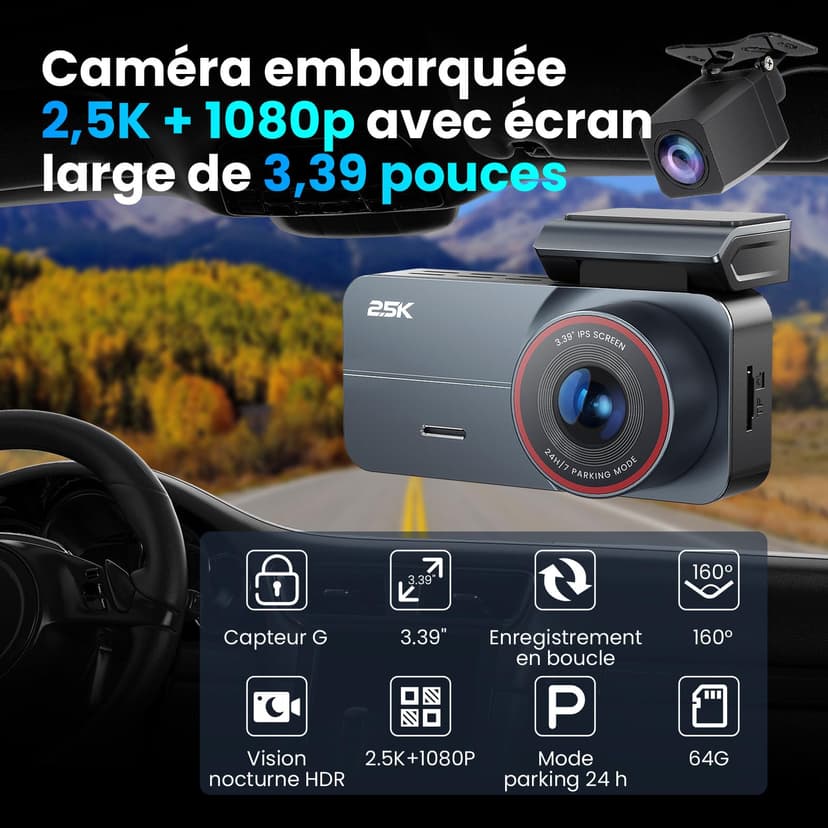 Caméra Embarquée Voiture 2.5K QHD Avant/Arrière - Double Objectif, Écran IPS 3,39 - Grand Angle 160°, Vision Nocturne, Mode Parking 24h/24 (Argenté Gris) - 2