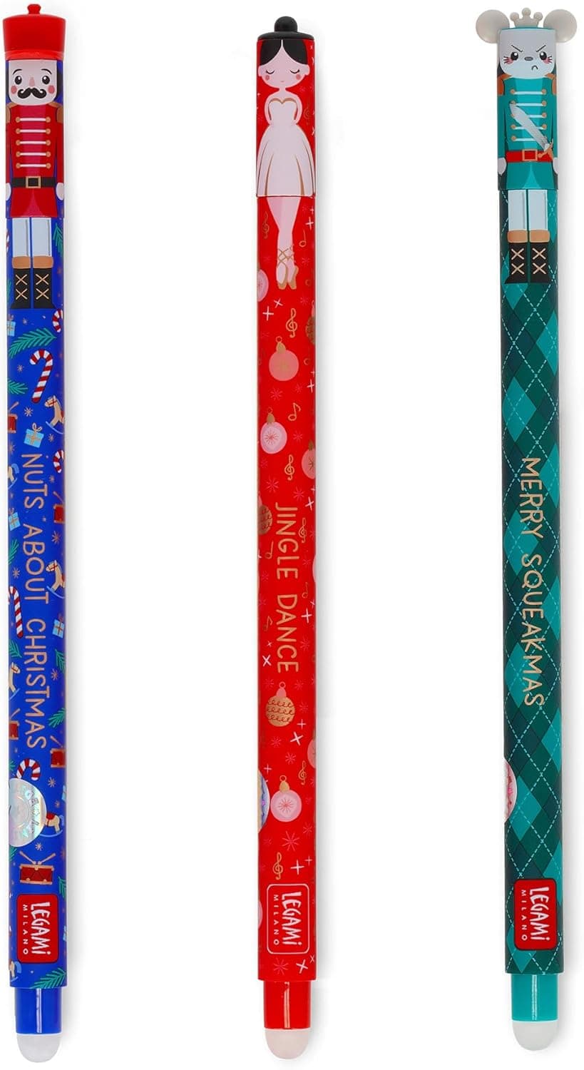 Legami - Lot de 3 stylos gel effaçables, édition Noël, stylos à encre effaçable thermosensible, rouge, bleu, vert, effaçables de Noël, effacez sans abîmer le papier - 1