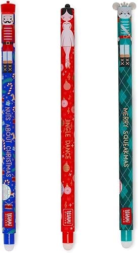 Legami - Lot de 3 stylos gel effaçables, édition Noël, stylos à encre effaçable thermosensible, rouge, bleu, vert, effaçables de Noël, effacez sans abîmer le papier
