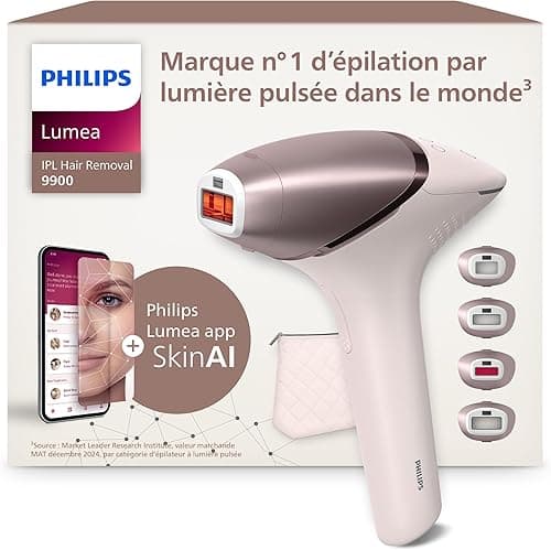 Philips Lumea Série 9900, épilateur à lumière pulsée, technologie SenseIQ et SkinAI, 4 embouts pour le corps, le visage, le maillot et les aisselles, utilisation avec et sans fil (modèle BRI951/00)