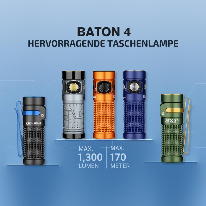 OLIGHT Baton 4 LED Small Torch Rechargeable up to 1300 Lumens, 170 m Light Range, Super Bright Mini Torch with 6 Modes, 30 Days Running Time, Strong Flashlight, IPX8 for Everyday Use, Orange - 9