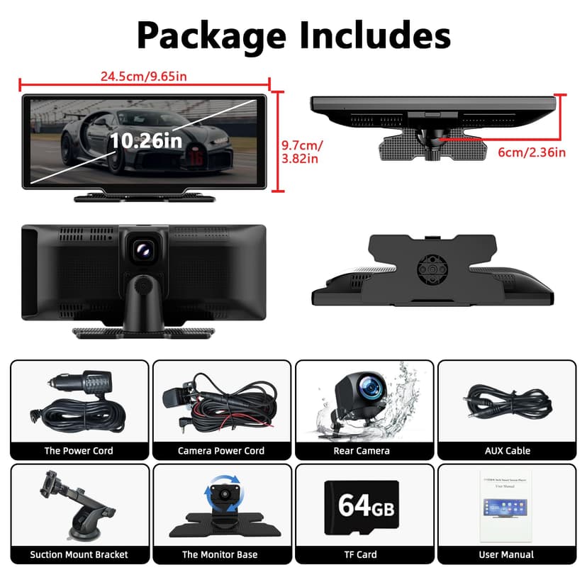 Wireless Car Stereo for Apple CarPlay and Android Auto, 10.26 Inch Touch Screen Car Radio with 4K Dashcam Front and Rear Camera 1080P HD/Bluetooth/FM/AUX/64G TF/Mirror Link/Voice Control/GPS - 8