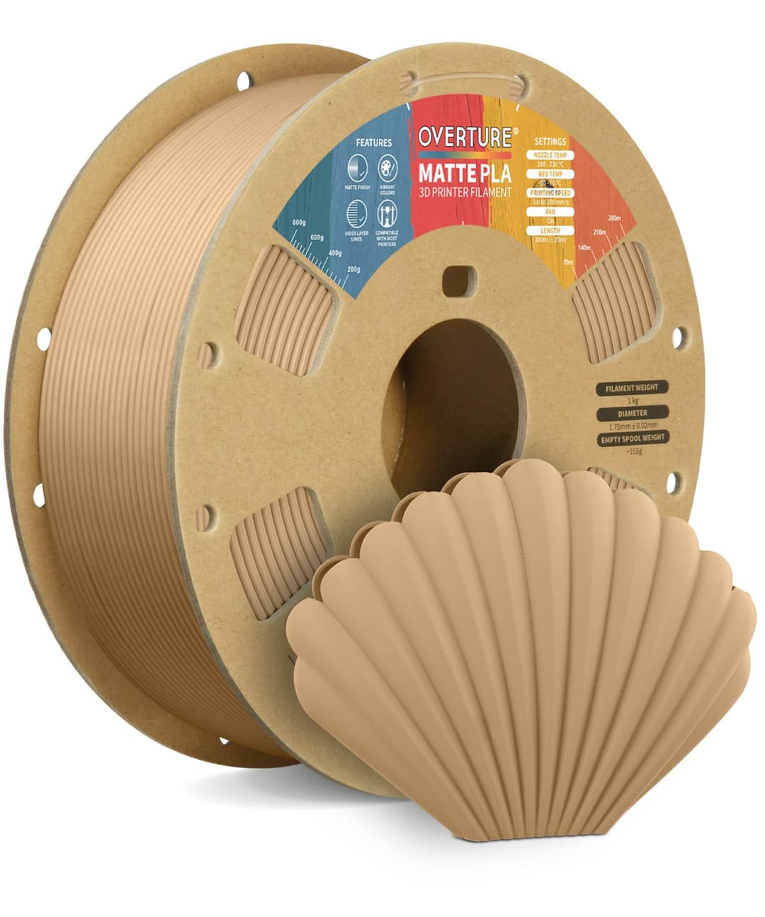OVERTURE Filament PLA Matte 1.75mm Marron Clair, 1kg(2,2l…