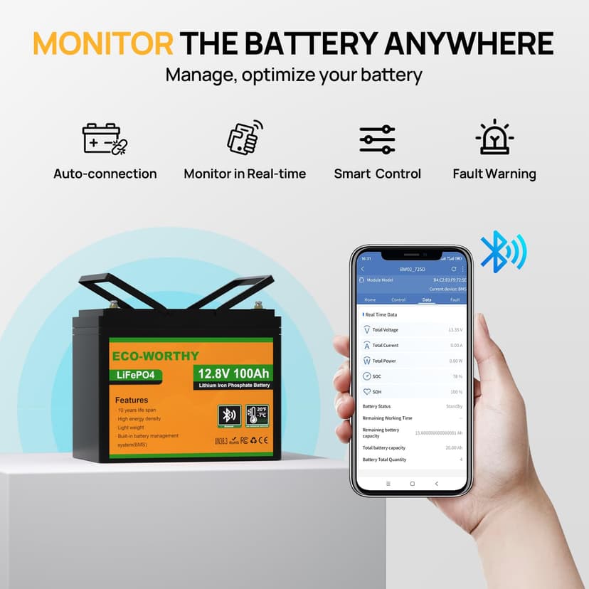 ECO-WORTHY 12 V 100 Ah LiFePO4 Bluetooth with BMS Low Temperature Protection, 1280 Wh Lithium Battery 12 V 100 Ah Car Battery for Motorhomes, Caravans, RVs - 2