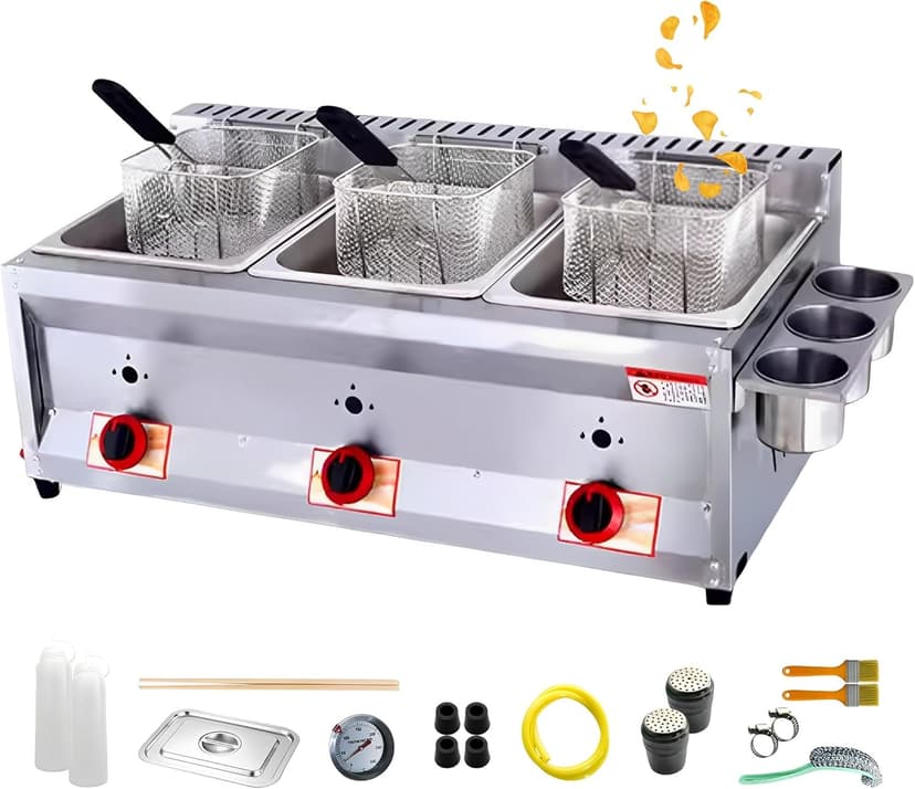 Commercial Countertop LPG Gas Deep Fat Fryer Dual Tanks with 10Lx2/3 Basket and Lid Stainless Steel Large Capacity Propane LPG with Metal Tube for French Fries Home Kitchen Restaurant - 1