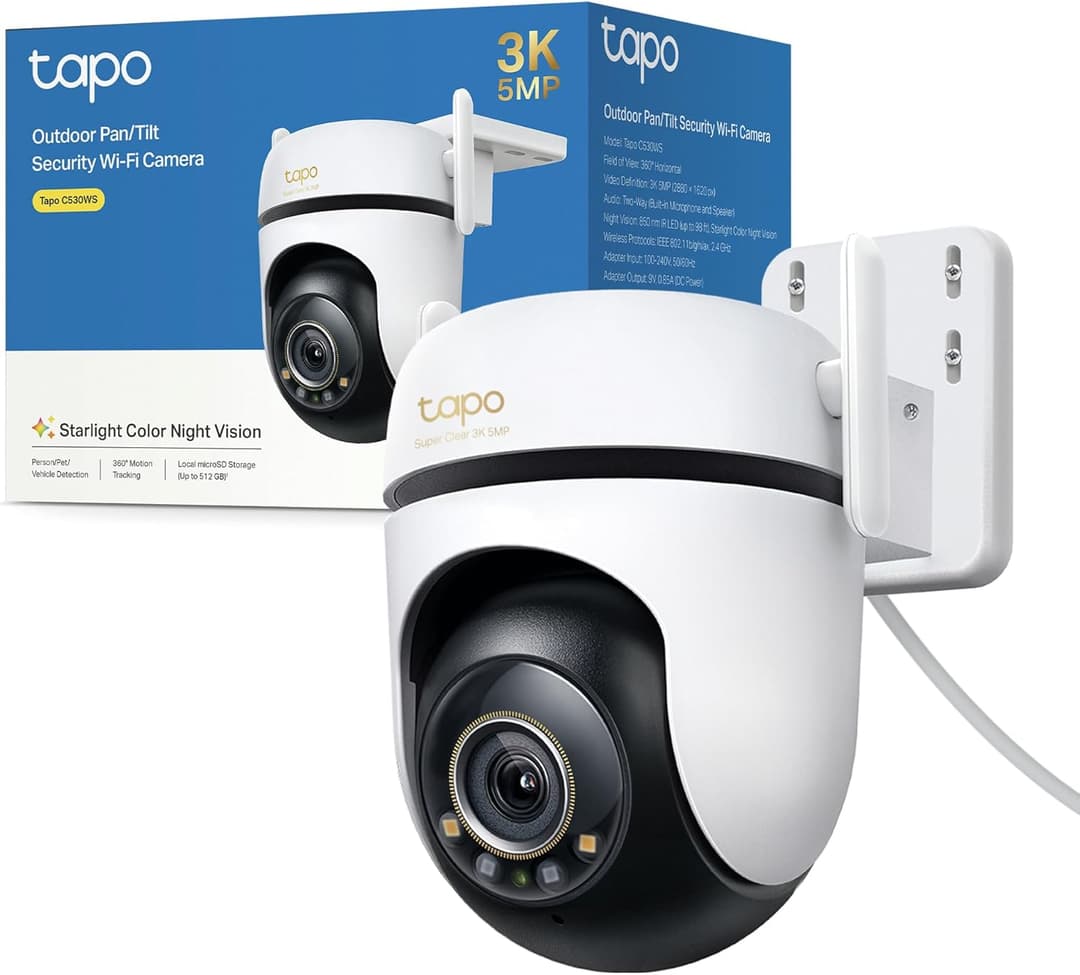 Tapo C530WS Telecamera Wi-Fi Esterno 3K 5MP, 360° Visuale, Visione Notturna a Colori Starlight, Rilevamento AI, IP66, Wi-Fi o Ethernet, Allarme Sonoro e Luminoso, Supporta MicroSD fino a 512 GB