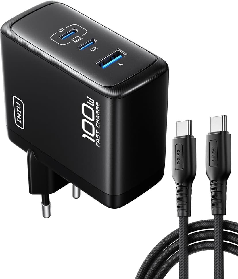 INIU 100W USB C Caricatore, GaN Multiplo Presa USBC Caricabatterie, Alimentatore Rapido Compatto con Cavo per MacBook Pro Air iPad, iPhone 17 16 15 Pro Max, Samsung S25 S24 Ultra, Switch 2, Xiaomi 15 - 1