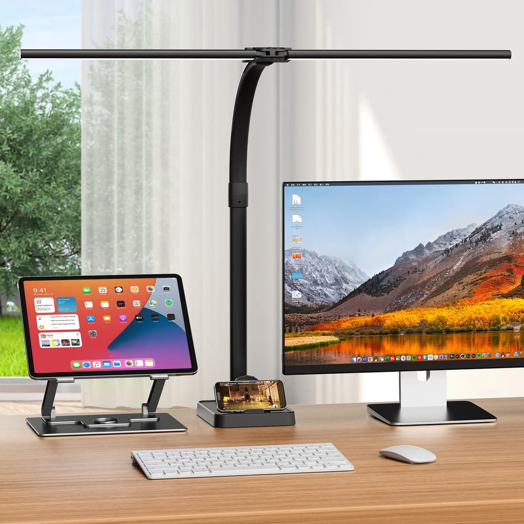 Double Head Desk Lamp LED Dimmable 24 W 80 cm Clampable Daylight Lamp Gooseneck Office Table Lamp Eye Protection Workplace Light Monitor Lamp Desktop Base with Mobile Phone Holder, Black
