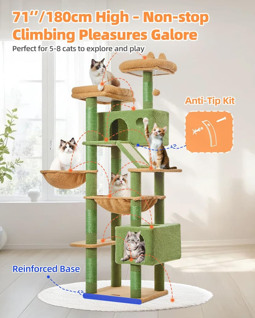 Taoqimiao Cat Tree, 180cm Cat Tower for Indoor Cats Large Cats, Multi-level Cat Climbing Tower, 8 Sisal Scratching Posts, Metal Frame Cozy Hammock, Scratch Board, 2 Top Perches, Green MSC026L - 8