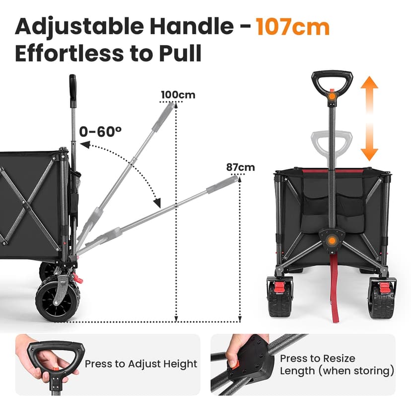 YEAUPE PRO Handcart Foldable 200-300L 150 kg, Foldable Handcart with Parking Brake, 4-Way Folding, Height Adjustable for Camping, Beach Trolley, Garden, Shopping, Black - 7