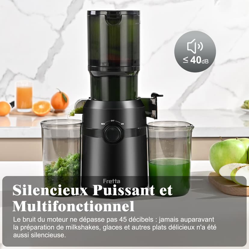 FRETTA Juice Extractor, Cold Juicer with 108 mm for Whole Fruits and Vegetables, 1.0 L, 200 W Juice Extractor with Double Filter, Easy to Clean, BPA-Free, Black - 7