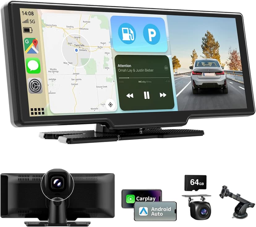 Wireless Car Stereo for Apple CarPlay and Android Auto, 10.26 Inch Touch Screen Car Radio with 4K Dashcam Front and Rear Camera 1080P HD/Bluetooth/FM/AUX/64G TF/Mirror Link/Voice Control/GPS - 1