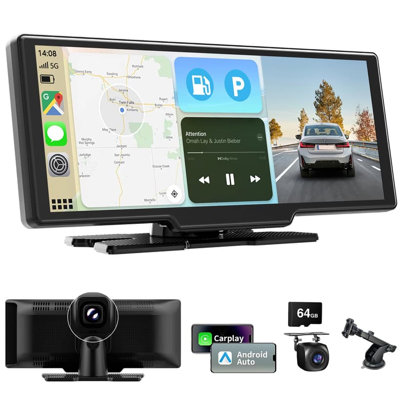Wireless Car Stereo for Apple CarPlay and Android Auto, 10.26 Inch Touch Screen Car Radio with 4K Dashcam Front and Rear Camera 1080P HD/Bluetooth/FM/AUX/64G TF/Mirror Link/Voice Control/GPS - 1