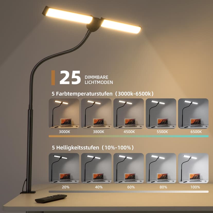 LIBORA Lampe de Bureau LED, Double tête lampe bureau, 5 Modes de Couleur 5 Niveaux de Luminosité, Col de cygne flexible et Peu encombrante lampe pince, lampen de table, Noir - 2