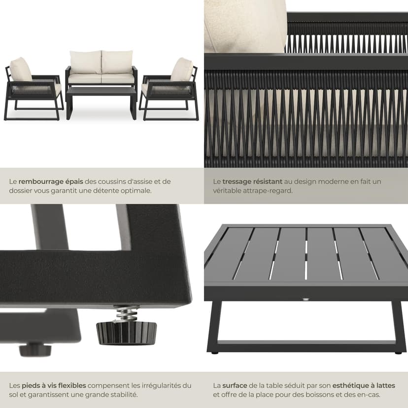 tectake® Ensemble Salon de Jardin Exterieur 4 Personnes en Aluminium Canapé 2 Places 2 Fauteuil Salon et 1 Table de Jardin, Coussins Inclus, Mobilier Amenagement Balcon Terrasse Veranda - 5