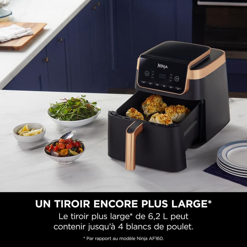 Ninja Air Fryer MAX PRO, 6,2 L, Grand tiroir, rôtir, cuire au four, frire sans huile, familial, antiadhésif, panier/plaque croustillante compatibles lave-vaisselle, pinces, noir/cuivre, AF180EUCP - 4