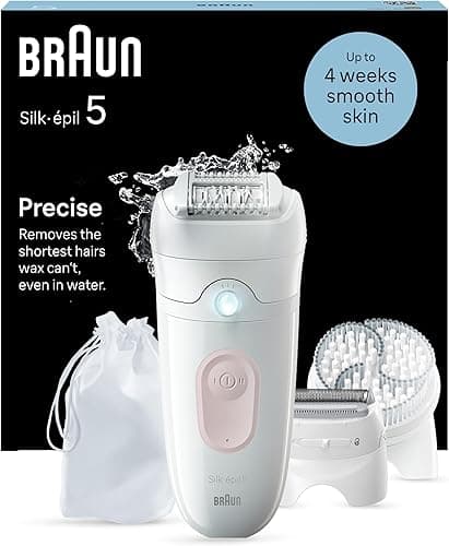Braun Silk-épil 5 Epilator, Easy Hair Removal for Women, Wet & Dry, Lasting Smooth Skin, with Lady Shaver, Trimmer Comb & Exfoliation Brush Heads, 5-060, White/Flamingo