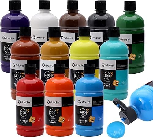 Artecho Acrylic Paint Set for adults 12 Colours (17 oz/500ml Each), Ideal for Canvas, Fabric, Pumpkin, Rock, Leather, Model, Ceramic, Plastic, Clay, Glass.