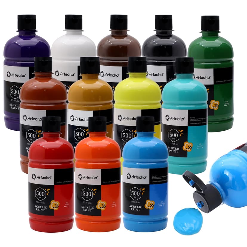 Artecho Acrylic Paint Set for adults 12 Colours (17 oz/500ml Each), Ideal for Canvas, Fabric, Pumpkin, Rock, Leather, Model, Ceramic, Plastic, Clay, Glass. - 1