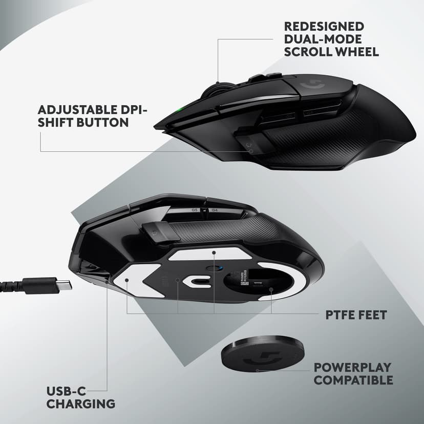 Logitech G G502 X LIGHTSPEED Wireless Gaming Mouse - Optical mouse with LIGHTFORCE hybrid optical-mechanical switches, HERO 25K gaming sensor, compatible with PC - macOS/Windows - Black - 5