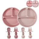 PandaEar 2 Pack Silicone Baby Suction Plates with 2 Spoons 2 Forks for Weaning Girls, Sectioned Divided Baby Weaning Plates, Toddler Dinner Plates Set for Toddlers Kids Childrens, BPA-Free, Pink - 1