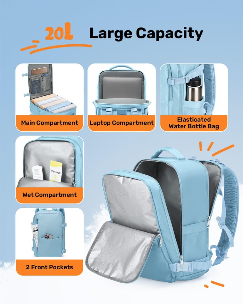 Samfolk Cabin Bags for Ryanair 40x20x25 Underseat Travel Bag 12 Pockets Hand Luggage Bag Cabin Bag with Separate Shoe Pocket for Women & Men Carry on Bag with Anti-theft Pockets (Blue, 40x20x25) - 5