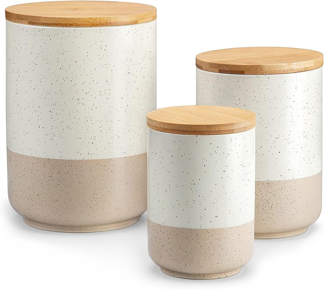 vancasso Sabine 3 Barattoli di Cucina Ermetici con Coperchio, Barattoli per Sale Zucchero Caffè in Gres, Vasetti Cucina per Caffè/Tè/Zucchero/Spezie/Farina/Fagioli, 20 OZ / 40 OZ / 80 OZ