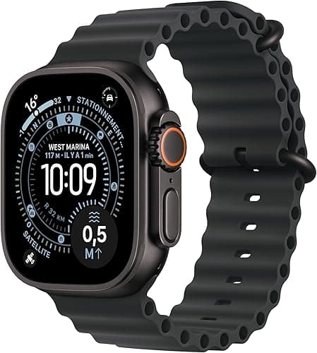Apple Watch Ultra 3 [GPS + Cellular 49 mm] Montre connectée Course à Pied et Multisport avec boîtier Titane Noir et Bracelet Ocean Noir. Communications Satellite, Suivi santé et activité