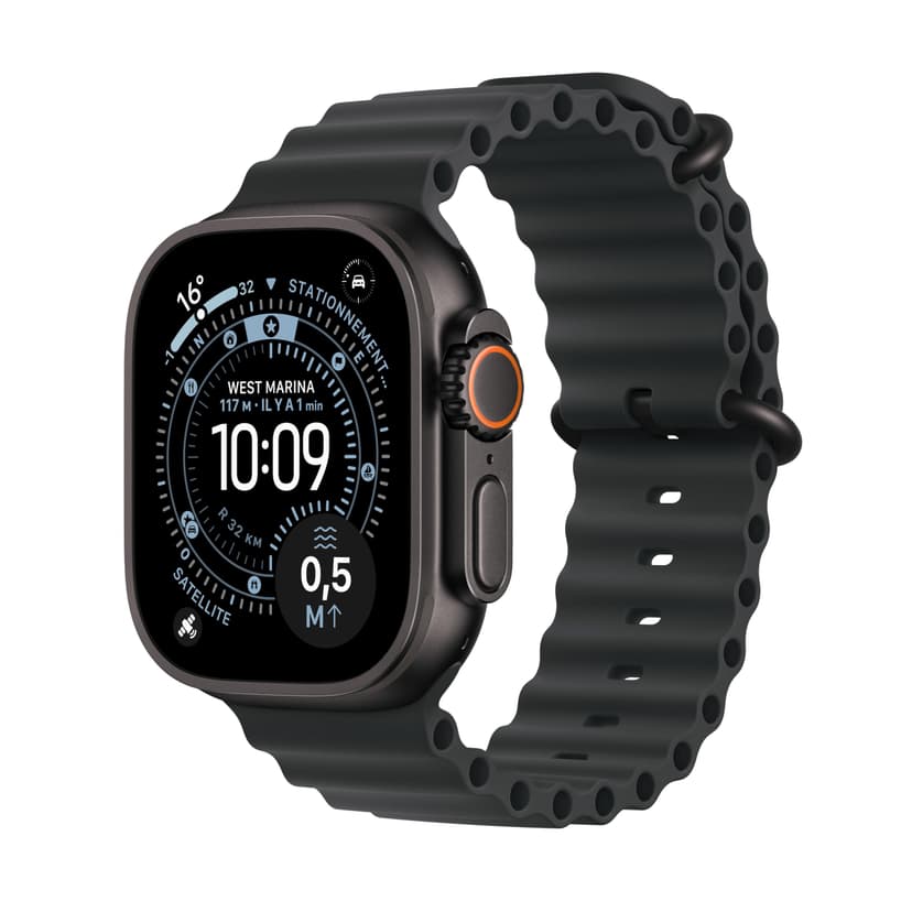Apple Watch Ultra 3 [GPS + Cellular 49 mm] Montre connectée Course à Pied et Multisport avec boîtier Titane Noir et Bracelet Ocean Noir. Communications Satellite, Suivi santé et activité - 1