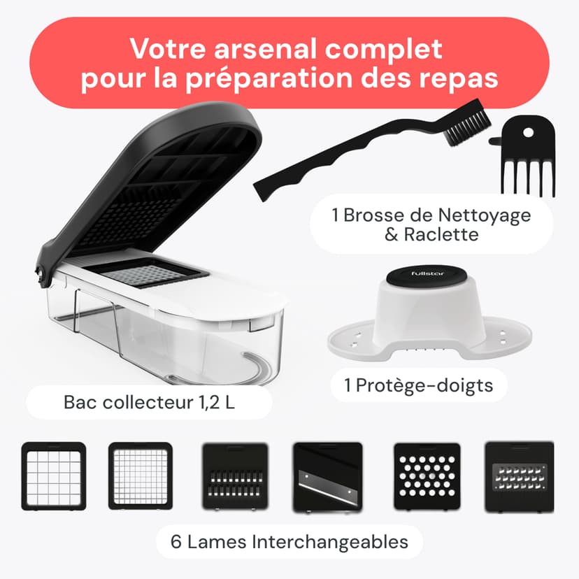 Fullstar Coupe Legumes Multifonctions et Mandoline - Trancheur ou Découpe Cube Oignons Carottes Concombres Frites Fruits - Rapeuse Legume et Fromage - Cuisine Accessoires (Compact 6-en-1 Blanc) - 8