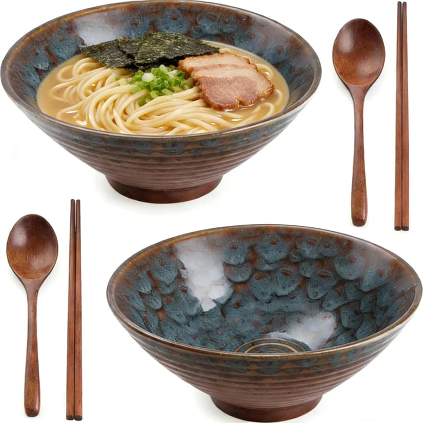Ceramic Japanese Ramen Bowl 1200ml 20.5 x 9 cm Blue Chinese Noodles Bowl with Chopsticks and Spoon Ramen Wood Cereal Bowls Soup Bowls for Breakfast Pasta Ramen Dishwasher and Microwave - 1