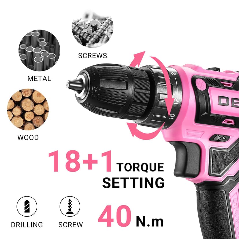 Power Drill Cordless: DEKOPRO Pink Cordless Drill 20V Electric Power Set Tool for Women Drills with Battery and Charger Drills Driver Kit - 3