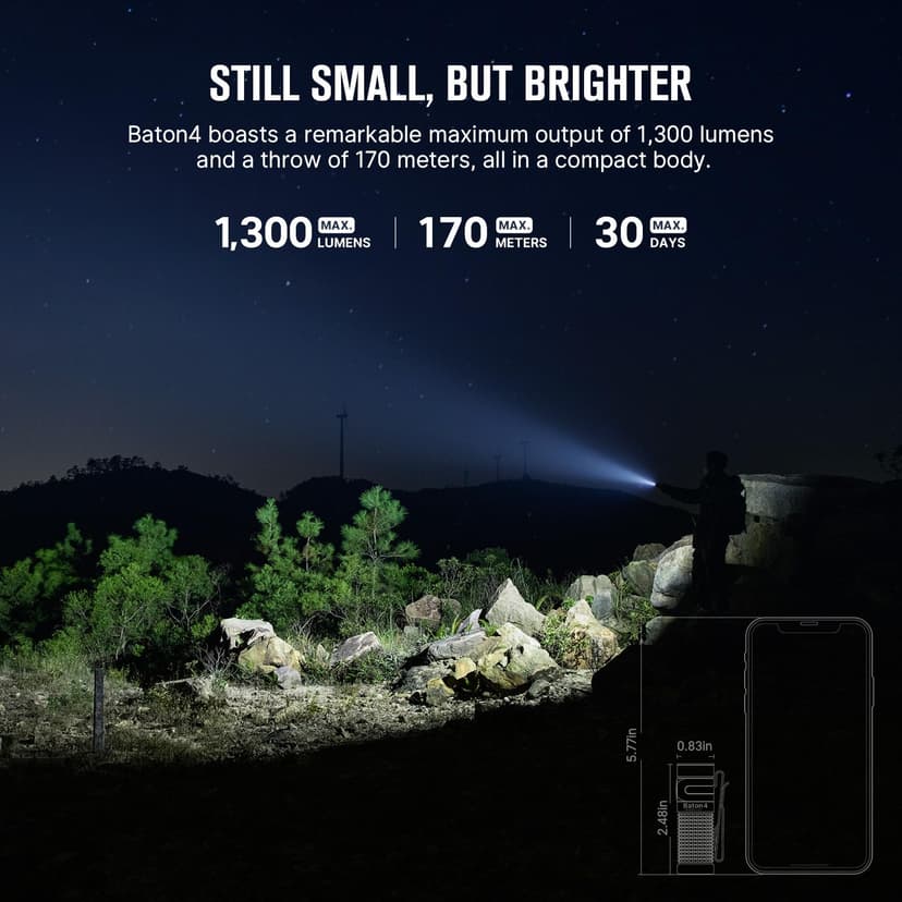 OLIGHT Baton 4 LED Small Torch Rechargeable up to 1300 Lumens, 170 m Light Range, Super Bright Mini Torch with 6 Modes, 30 Days Running Time, Strong Flashlight, IPX8 for Everyday Use, Orange - 2
