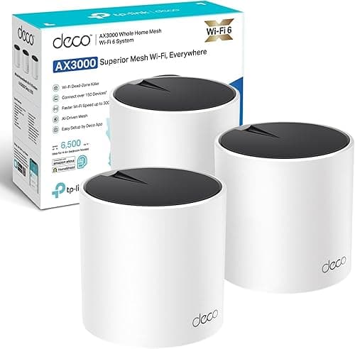 TP-Link Deco X55 AX3000 Lot de 3 systèmes Wi-FI maillé intégrale, Maille axée sur l'IA, HE160, Double Bande avec Ports Gigabit, Couverture jusqu'à 150 pi², Connexion jusqu'à Amazon Alexa, HomeShield,