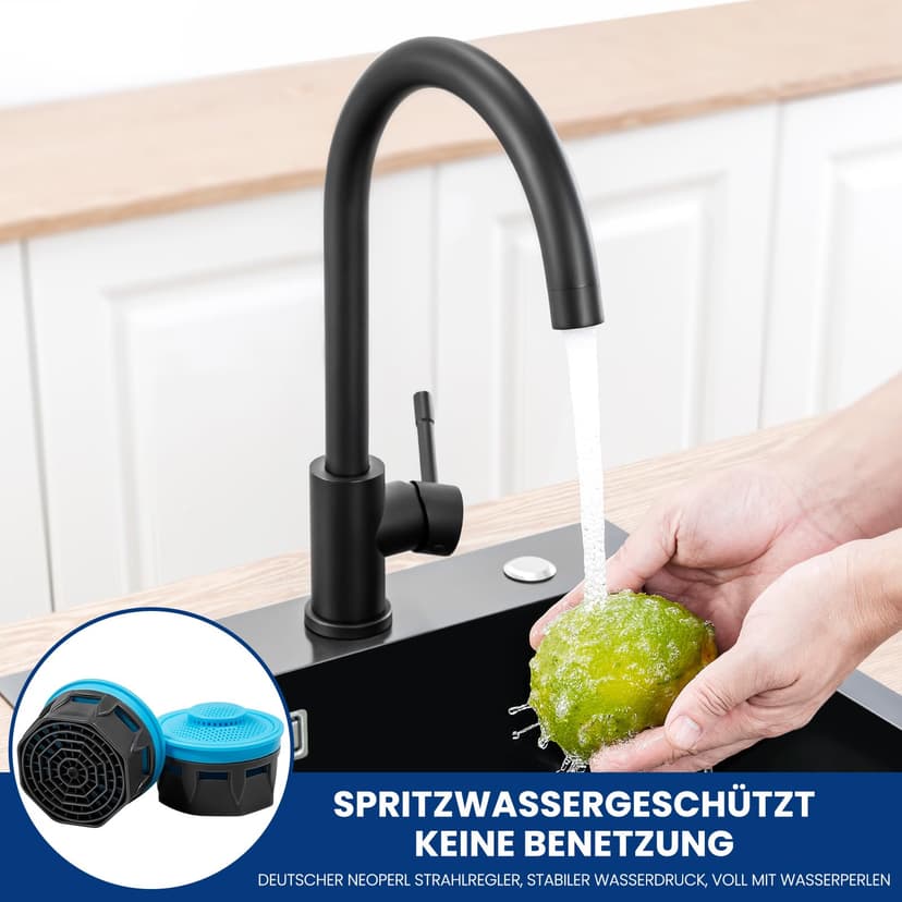 CECIPA Faucet kitchen black 360° rotatable, high pressure kitchen faucet black, mixer tap kitchen with high arc, single lever tap, sink fitting stainless steel, G3/8 connection fixture - 3