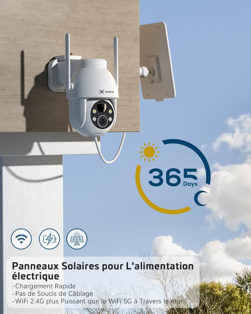 COCOCAM 2PCS 2K Camera Surveillance WiFi Exterieure sans Fil sur AI Détection Humaine, Vision Nocturne Couleur, Audio Bidirectionnel, 2.4GHz WiFi, Cloud - 5