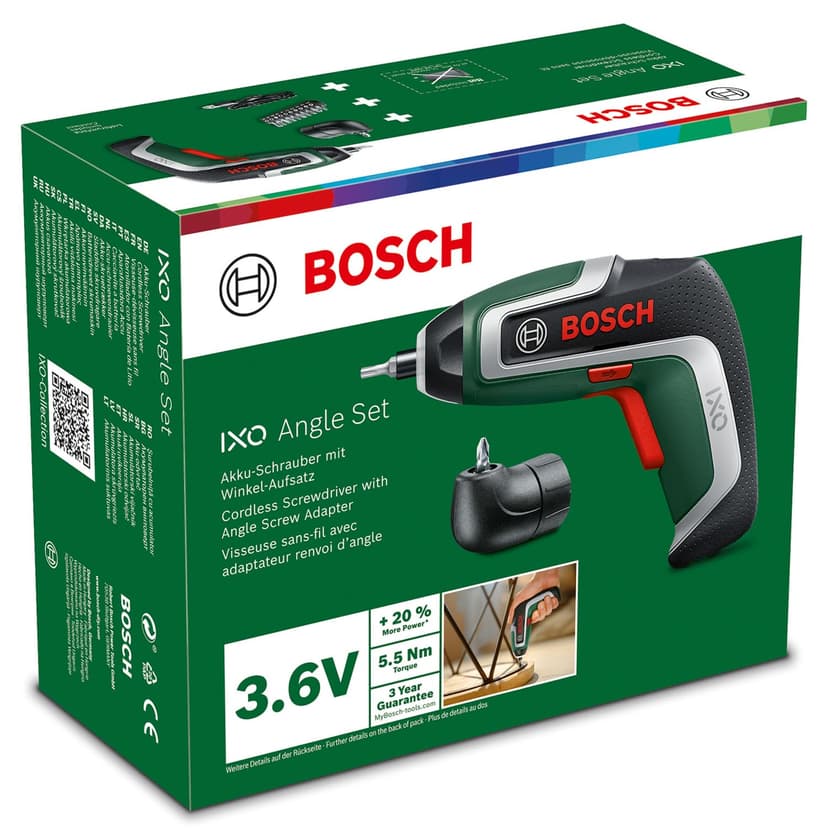 Bosch Home and Garden IXO Cordless Screwdriver (7th Generation, 3.6V, 2.0Ah, 5.5Nm, with Micro USB Cable, Includes Angle Attachment, Screws up to 190 Screws, in Box) - Amazon Edition - 7