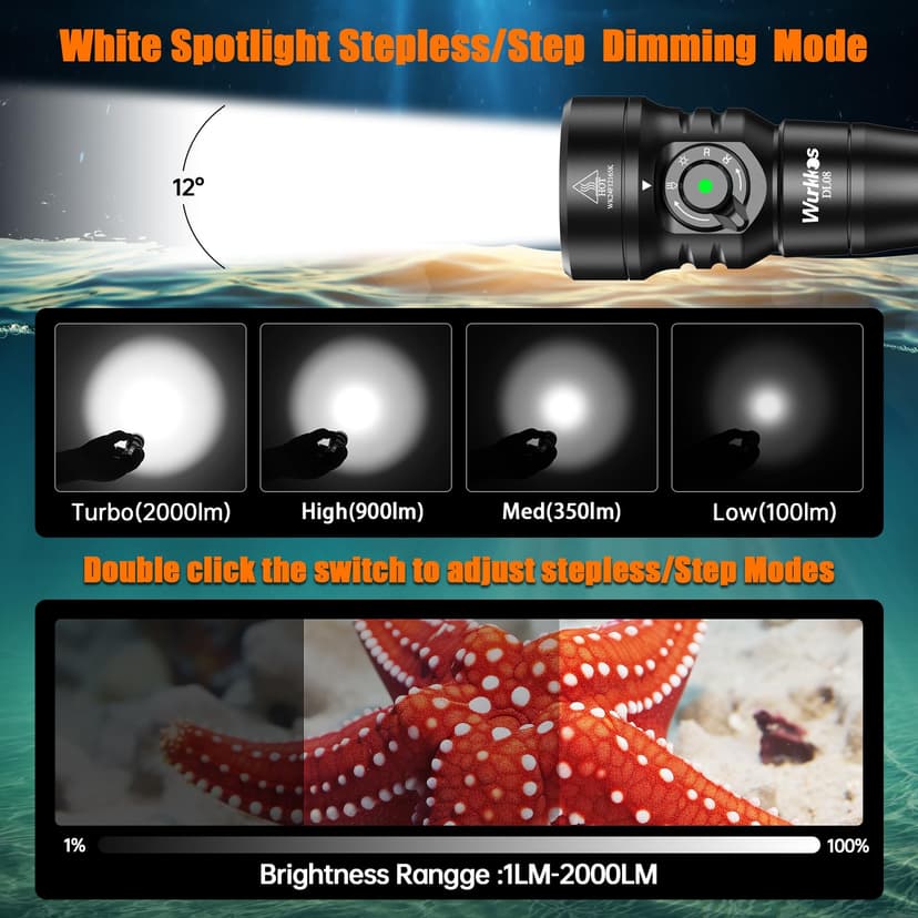 Wurkkos DL08 Underwater Diving Lamp, 3600 Lumens, Range of 274 Metres, Red Light and UV Diving Light, Gradual Dimming, IPX8 CRI 90, for Underwater Photography - 4