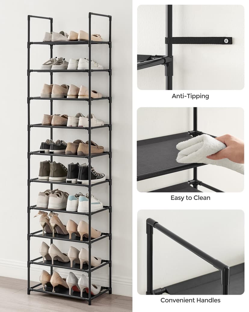 SONGMICS 10-Tier Shoe Rack, Shoe Stand, Space-Saving Shoe Storage, 45 x 28 x 173 cm, Metal Frame, Non-Woven Fabric Shelves, for Hallway, Bedroom, Black LSH010B02 - 6