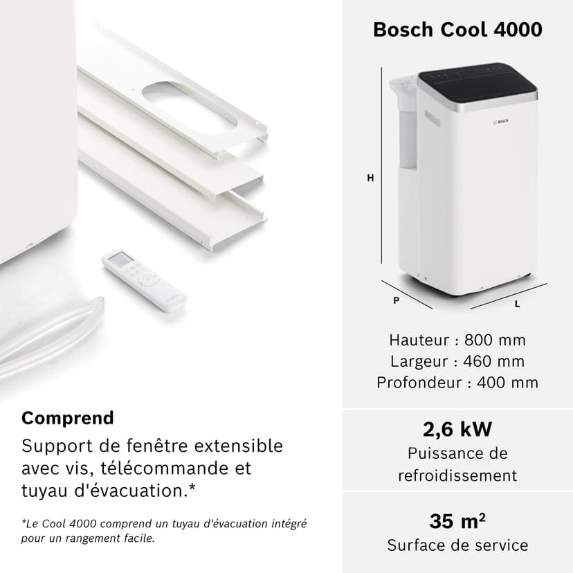Bosch Cool 4000 Portable AC - 3 en 1 Climatiseur, Déshumidificateur, Ventilateur - 2,6 kW pour les pièces jusqu'à 35m² - Avec Mode Auto, Mode Silencieux et Mode Veille (48 db (A)) [Classe A+] - 8