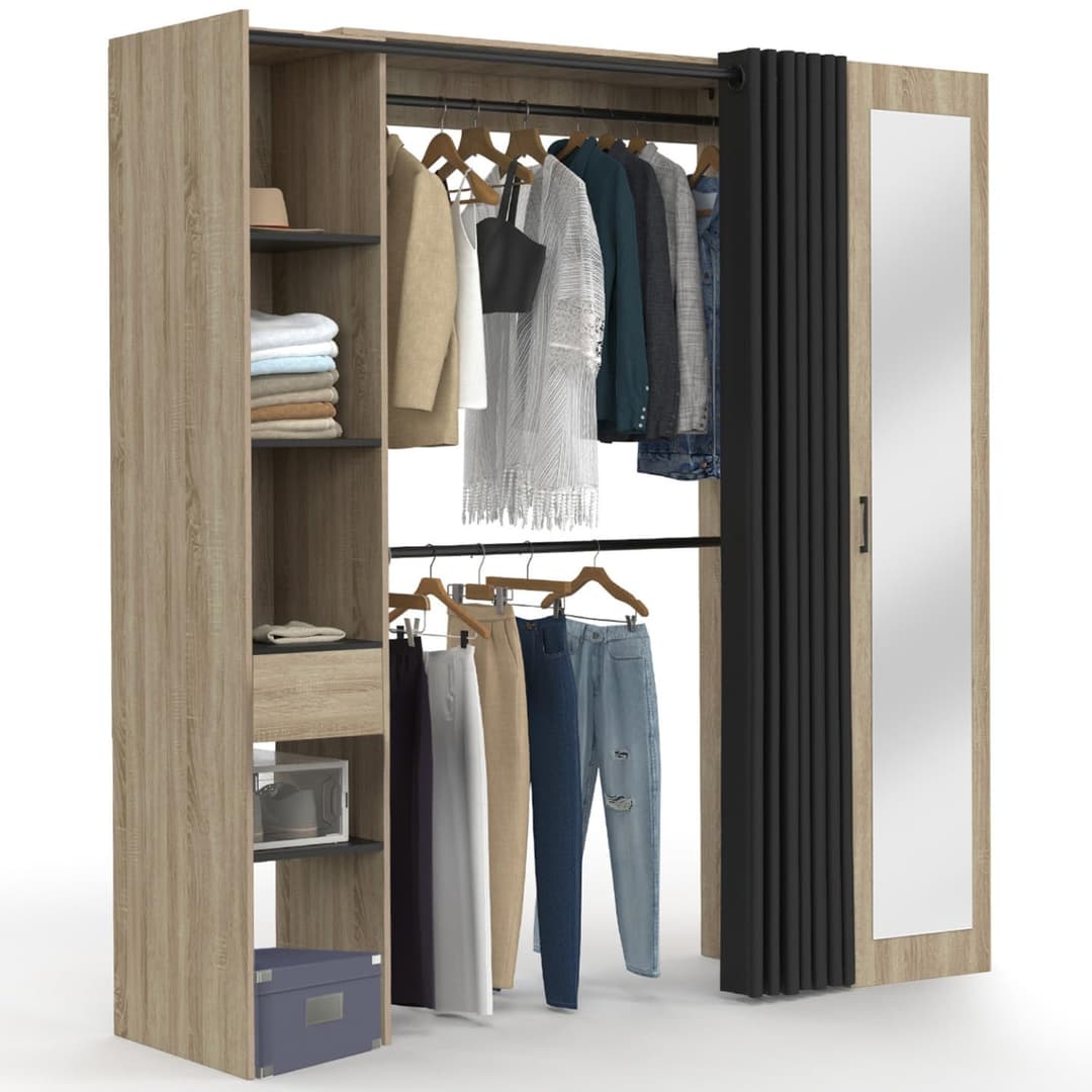 IDMarket - Dressing extensible MERYL 145/170 x 50 x 180 cm hêtre avec étagères + double penderie + miroir + rideau noir