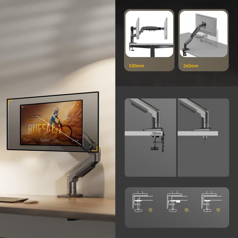 Ergosolid PC Monitor Stand, Ergonomic Gas Spring Articulated Arm, 17-32 Inches, VESA 75mm and 100mm, 360° Rotatable - 6