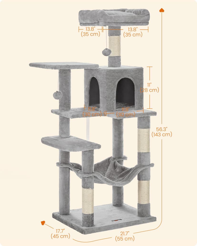 Feandrea Cat Tree Tower, 143 cm Multi-Level Plush Cat Condo with 4 Scratching Posts, 2 Perches, Cave, Hammock, Pompoms, Light Grey PCT161W01 - 7