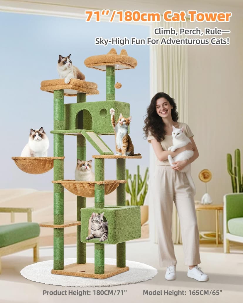 Taoqimiao Cat Tree, 180cm Cat Tower for Indoor Cats Large Cats, Multi-level Cat Climbing Tower, 8 Sisal Scratching Posts, Metal Frame Cozy Hammock, Scratch Board, 2 Top Perches, Green MSC026L - 2