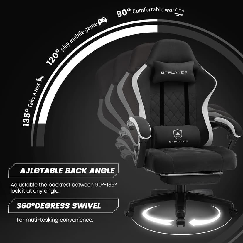 GTPLAYER Gaming Chair, Ergonomic Gaming Chair, Desk Chair with Fabric Surface, Spring Seat Cushion, Connecting Armrests and Footrest, Dark Black - 4