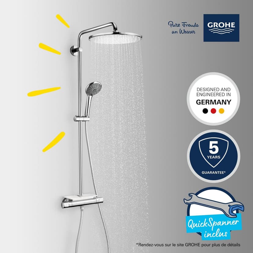 GROHE Vitalio Joy 310 - Cool Touch Thermostatic Mixer Shower Set (Water Saving Technology, Rain, Soap Tray, 110 mm 3 Spray Hand, Silicone Nozzles, Hose 1.75 m), Chrome, 26401001 - 5