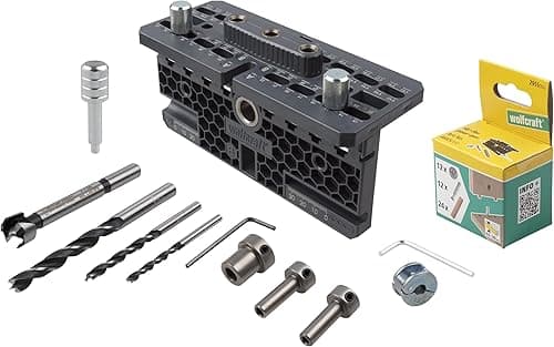 wolfcraft Cam Lock Jig - Furniture Connector Kit with Drilling Template, Metal Drill Bushings, 32 mm Hole Grid for Surface, Corner & T-Joints - 4665000